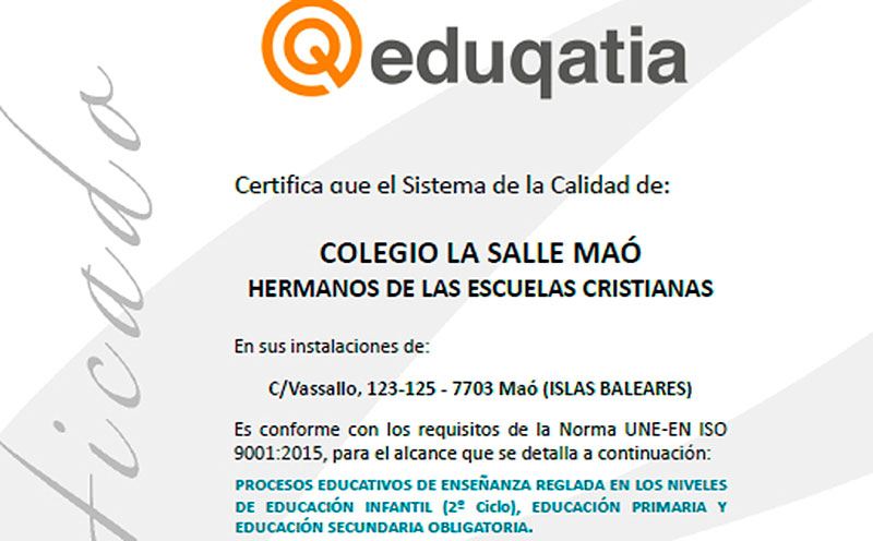 La Salle Maó se certifica, de nuevo, con el sello de Calidad ISO 9001